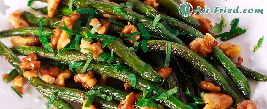 Green beans salad with nuts in an air fryer